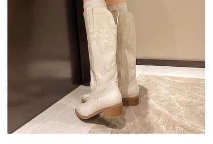 Cowboy Heel Boots Faux Chunky Leather