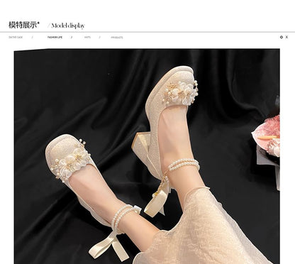 Mary Jane Platform Shoes Heel Faux Floral Chunky Pearl