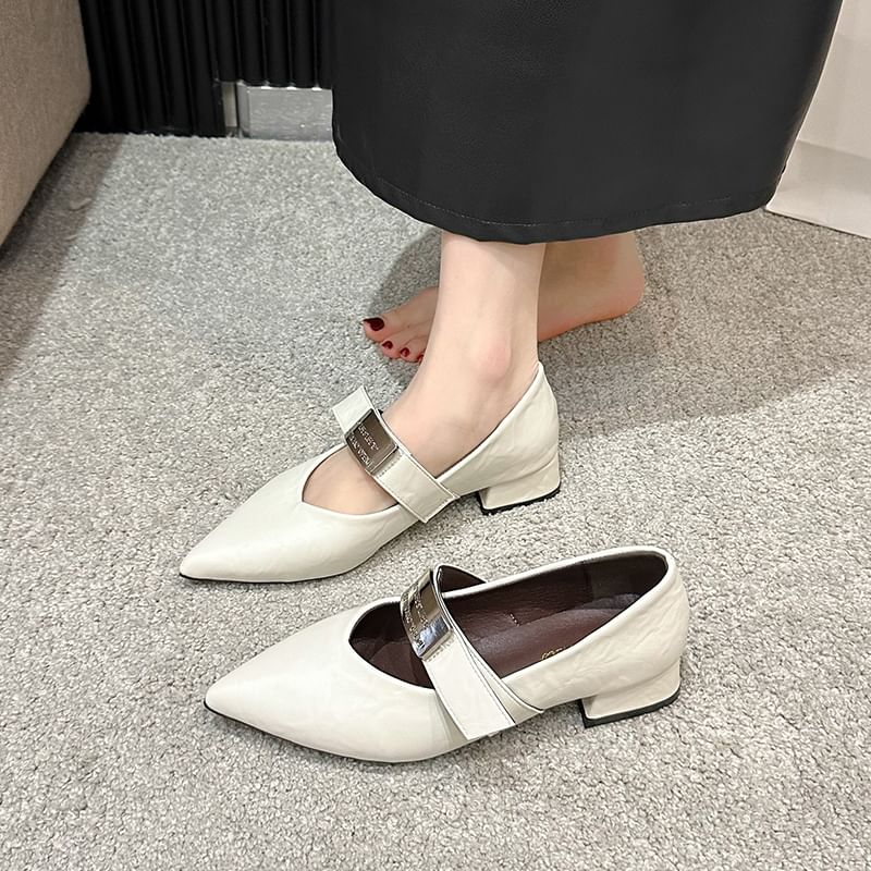 Buckled Heel Chunky Mary Shoes Pointy Jane