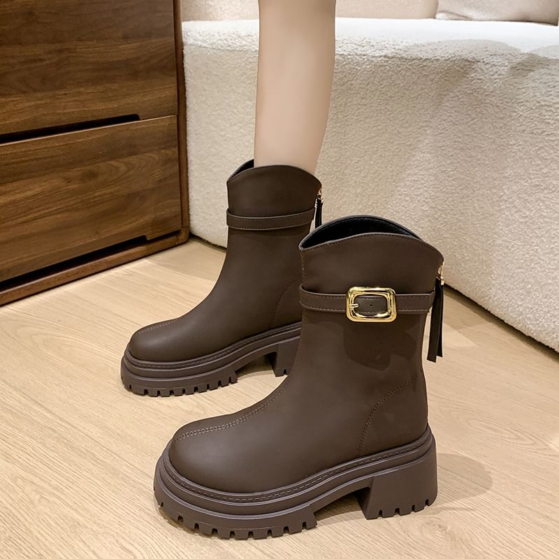 Buckled Chunky Short Heel Boots
