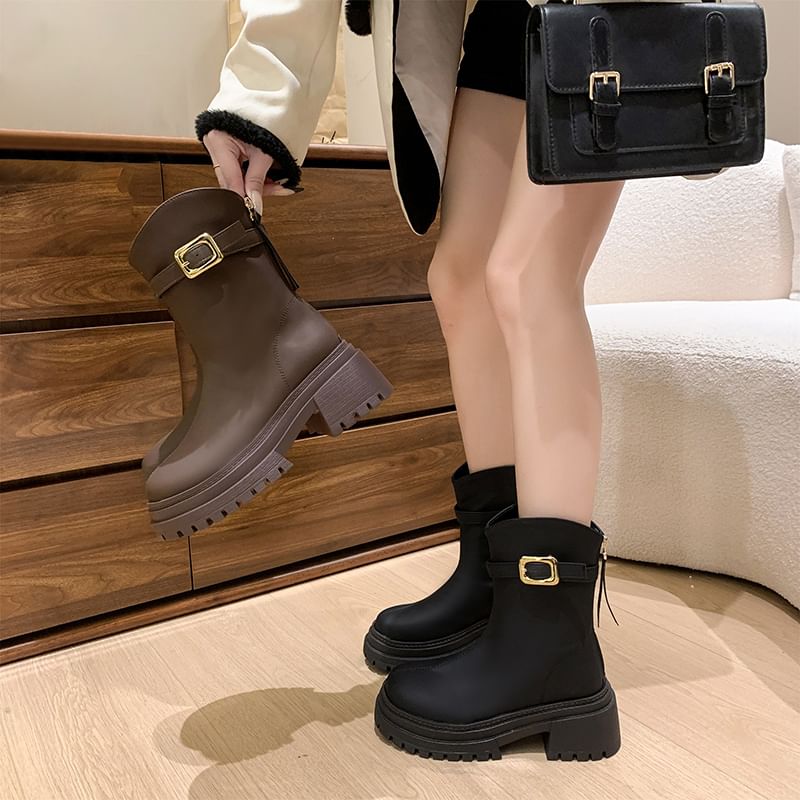Buckled Chunky Short Heel Boots