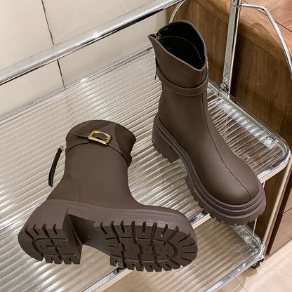 Buckled Chunky Short Heel Boots