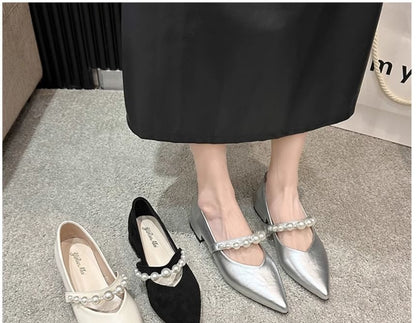 Peral Strap Pointy Shoes Mary Jane Heel Faux Low