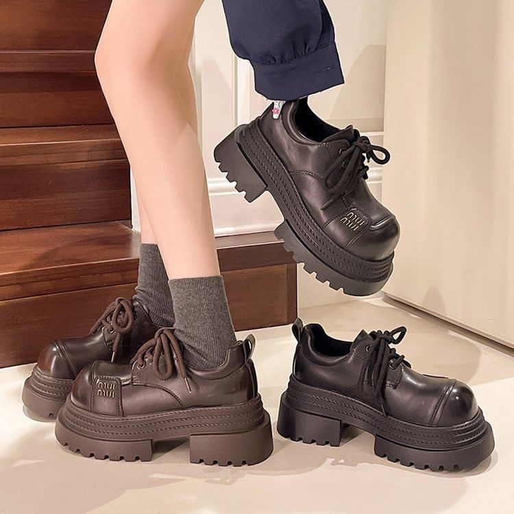 Plain Leather Platform Lace-Up Shoes Faux