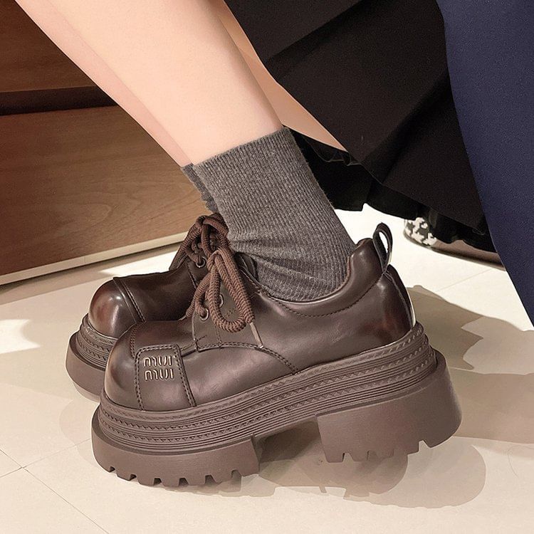Plain Leather Platform Lace-Up Shoes Faux