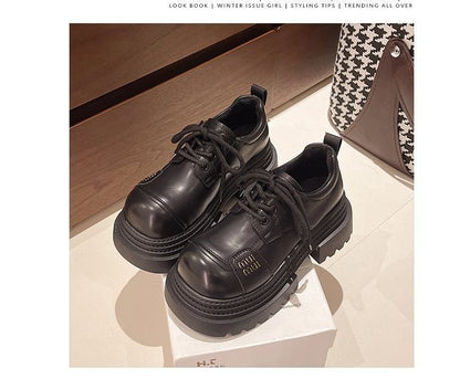 Plain Leather Platform Lace-Up Shoes Faux