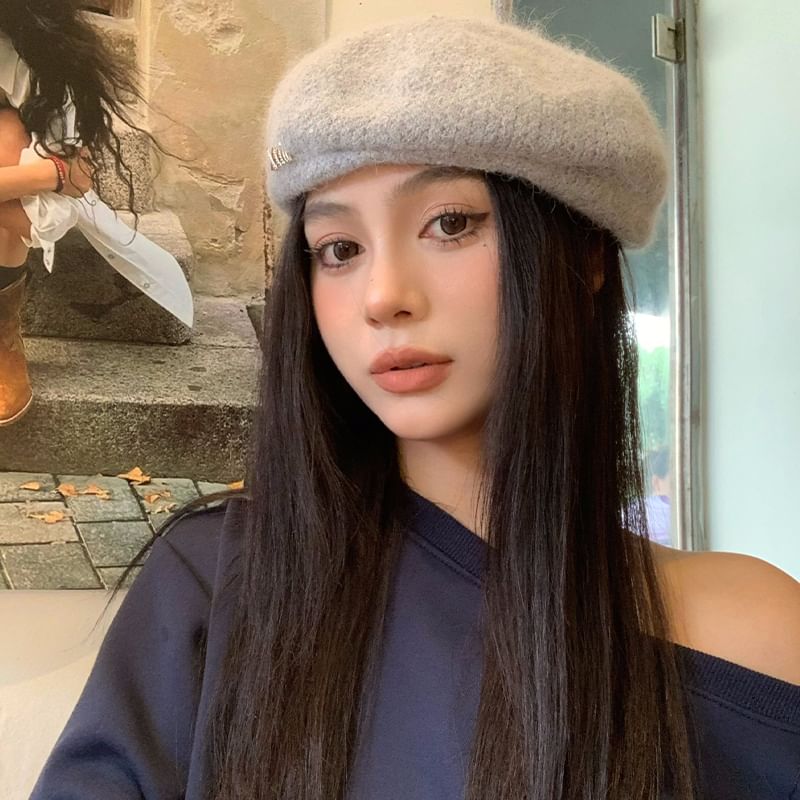 Rhinestone Accent Beret Knit