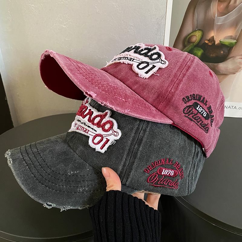Lettering Embroidered Baseball Distressed Cap