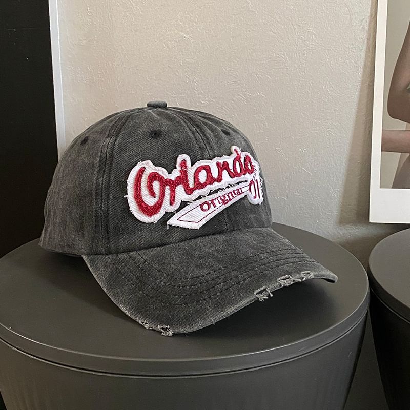 Lettering Embroidered Baseball Distressed Cap