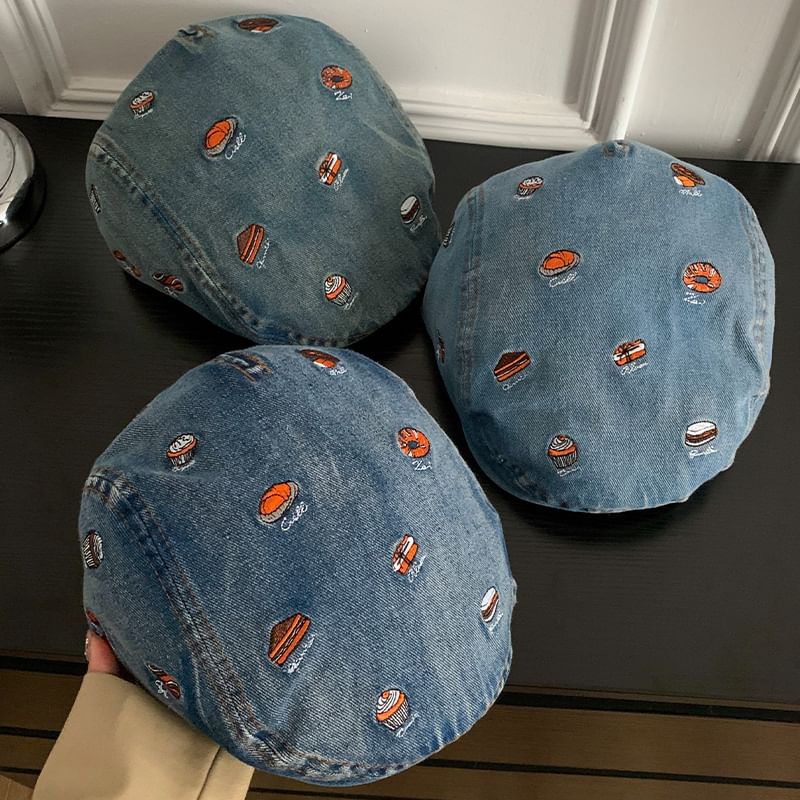 Cap Food Flat Embroidered Denim