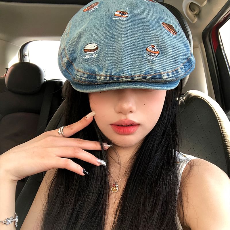 Cap Food Flat Embroidered Denim