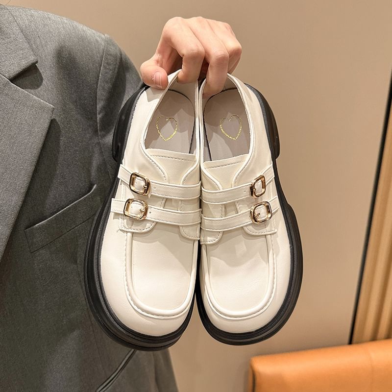 Buckled Leather Faux Platform Loafers