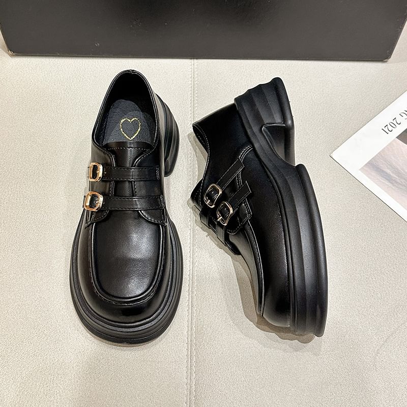 Buckled Leather Faux Platform Loafers
