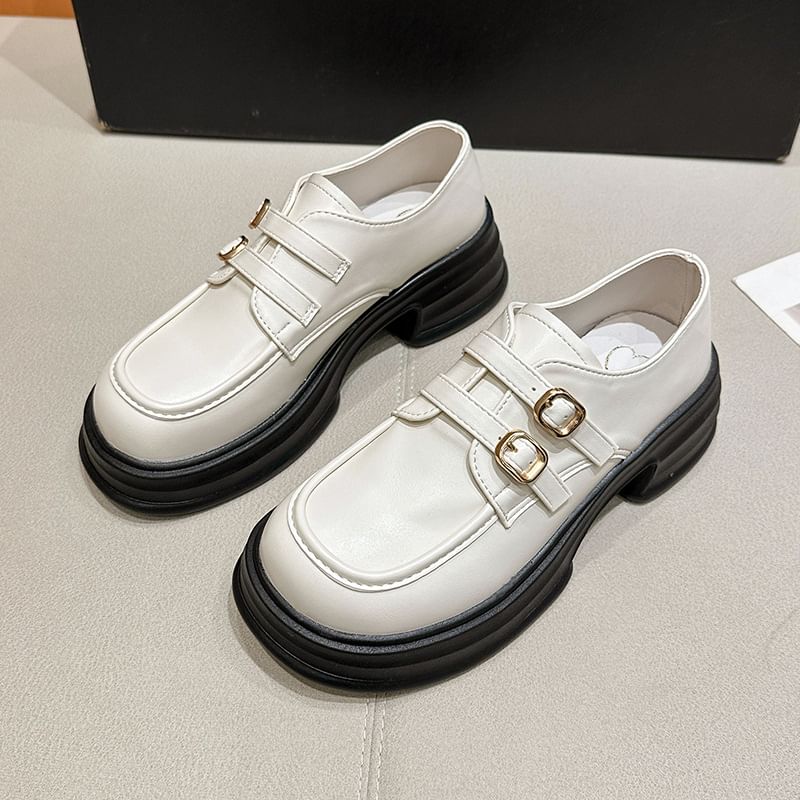 Buckled Leather Faux Platform Loafers