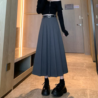Skirt High Midi Pleated Waist Accordion Plain A-Line
