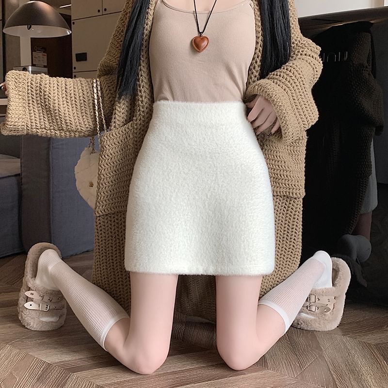 Plain Mini Skirt High Fluffy Rise Pencil