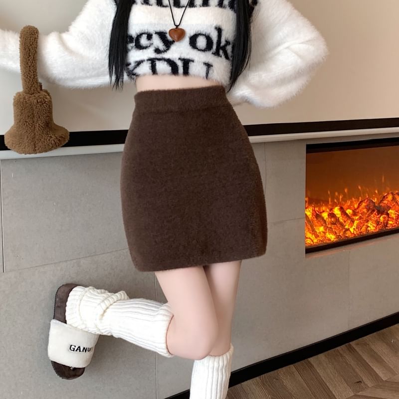 Plain Mini Skirt High Fluffy Rise Pencil