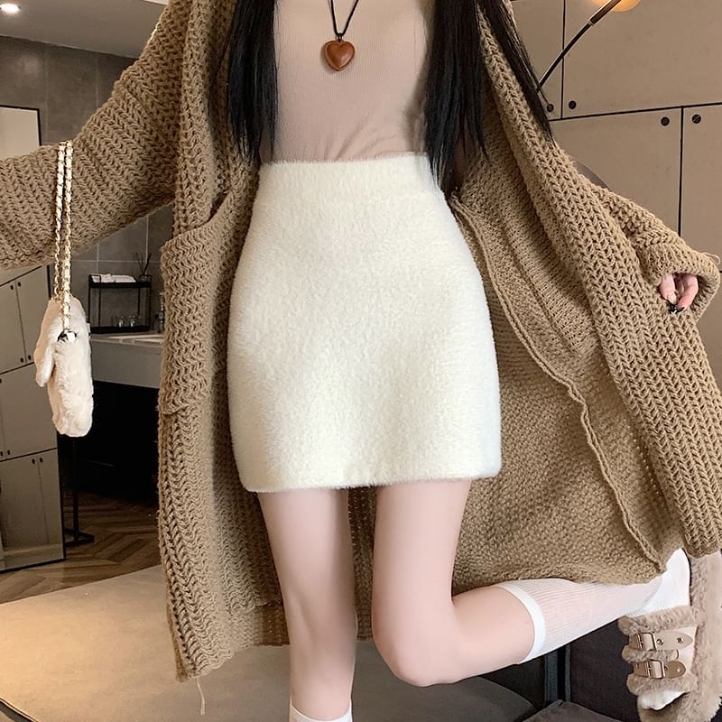 Plain Mini Skirt High Fluffy Rise Pencil