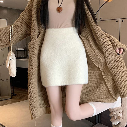 Plain Mini Skirt High Fluffy Rise Pencil