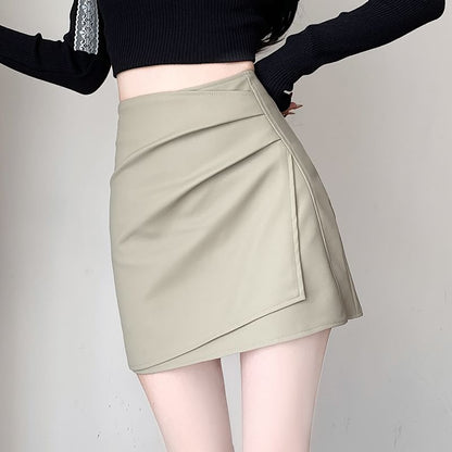 Asymmetrical Skirt Ruched Mini Waist Plain Faux High Pencil Leather
