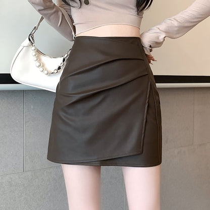 Asymmetrical Skirt Ruched Mini Waist Plain Faux High Pencil Leather