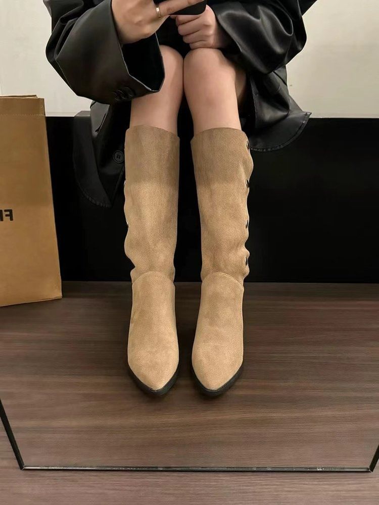 High Boots Button Faux Suede Toe Knee Pointed
