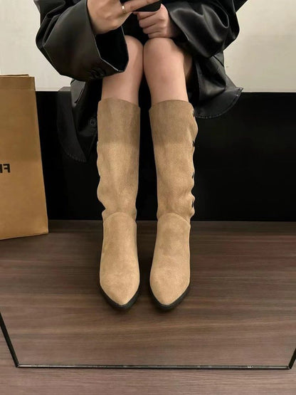 High Boots Button Faux Suede Toe Knee Pointed