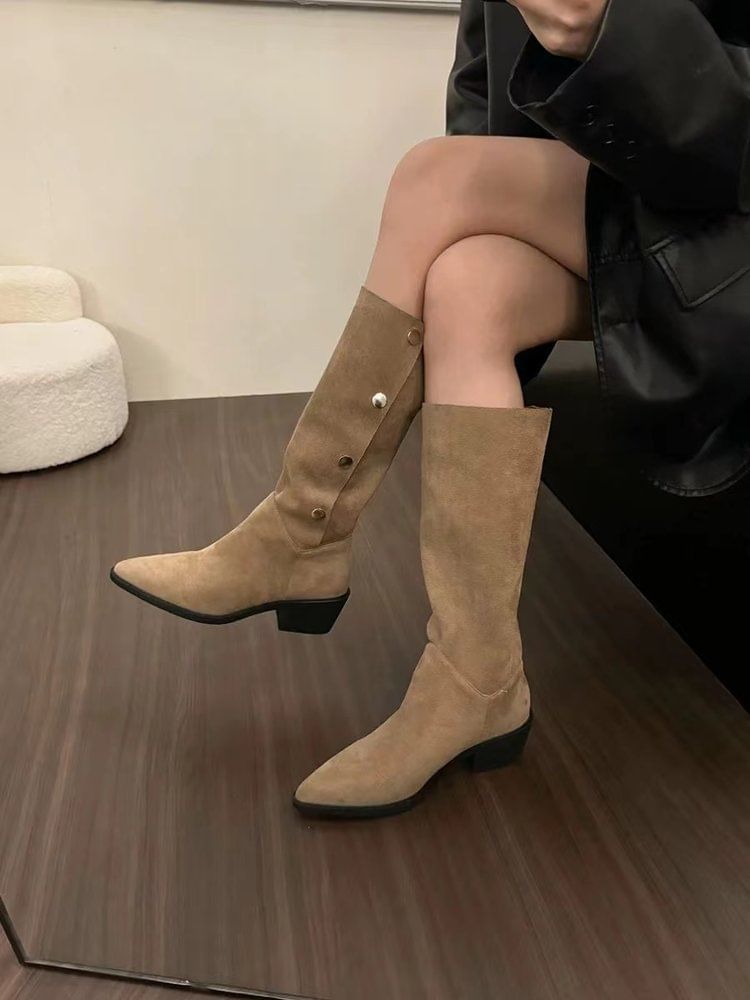 High Boots Button Faux Suede Toe Knee Pointed