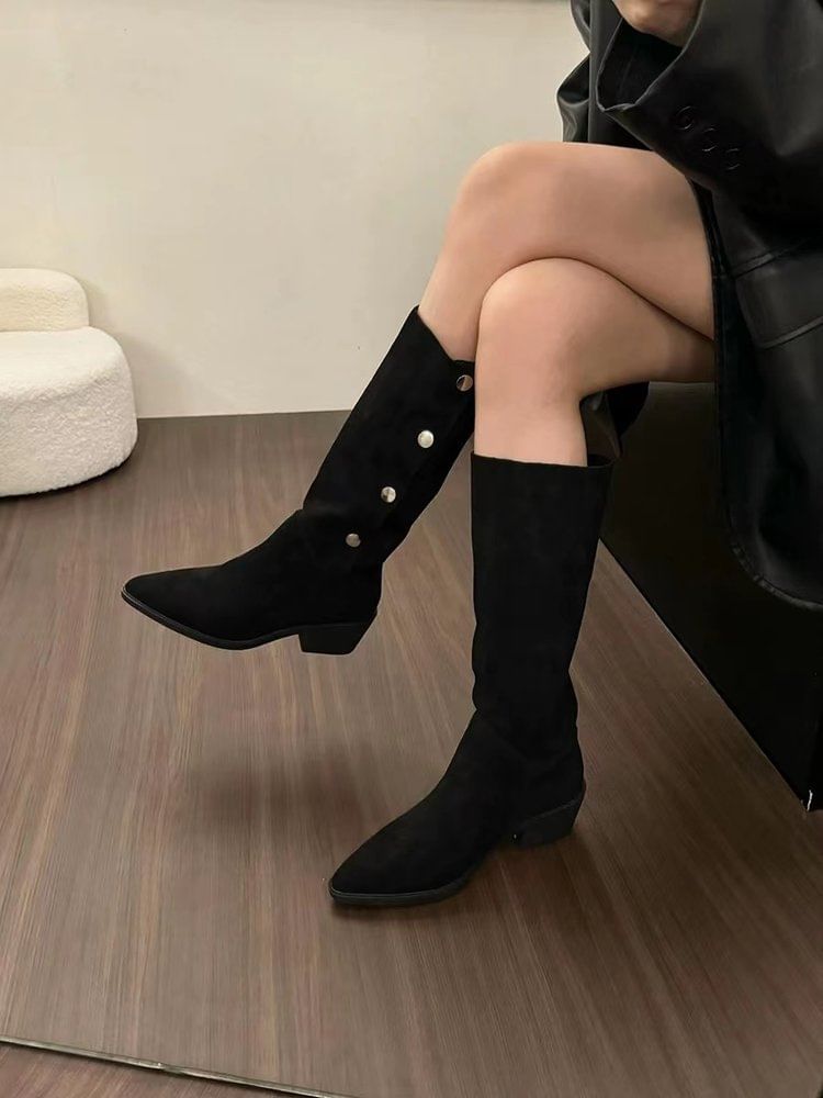 High Boots Button Faux Suede Toe Knee Pointed
