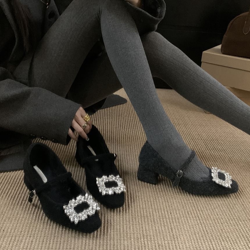 Square Toe Pumps Heel Jane Mary Buckled Block Rhinestone