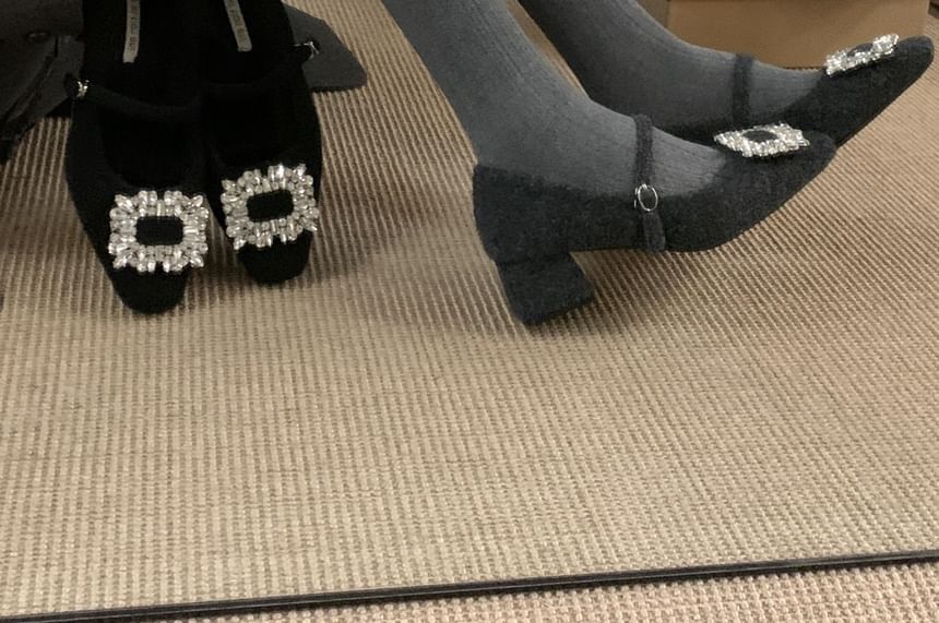 Square Toe Pumps Heel Jane Mary Buckled Block Rhinestone