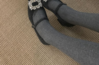 Square Toe Pumps Heel Jane Mary Buckled Block Rhinestone