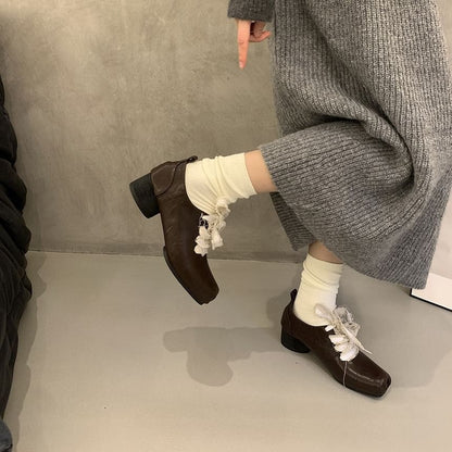 Toe Up Heel Square Pumps Lace Block