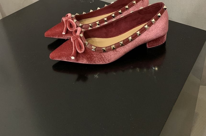 Studded Toe Velvet Pointed Pumps Bow