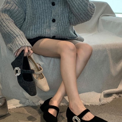 Heel Rhinestone Square Block Buckled Toe Pumps Mary Jane