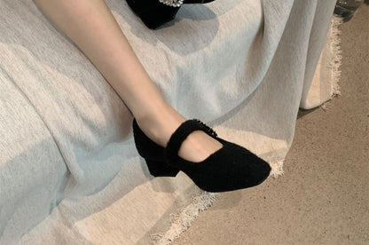 Heel Rhinestone Square Block Buckled Toe Pumps Mary Jane