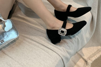 Heel Rhinestone Square Block Buckled Toe Pumps Mary Jane