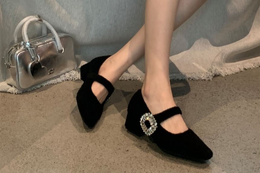 Heel Rhinestone Square Block Buckled Toe Pumps Mary Jane