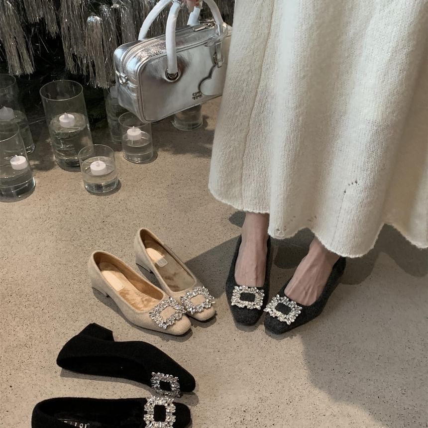 Toe Block Heel Pumps Buckle Square Rhinestone