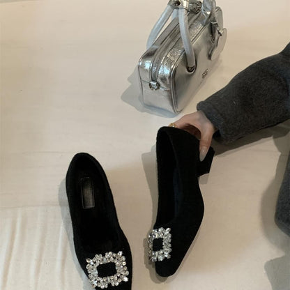 Toe Block Heel Pumps Buckle Square Rhinestone
