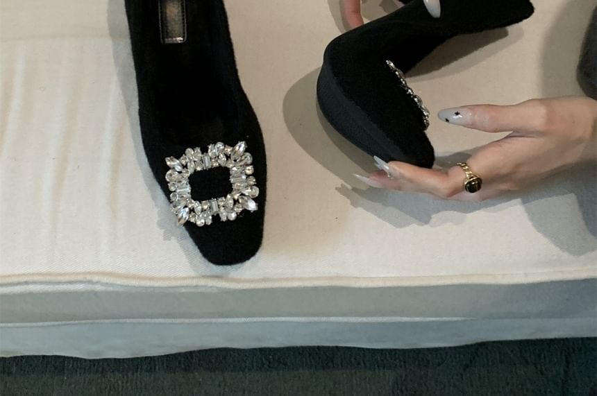 Toe Block Heel Pumps Buckle Square Rhinestone