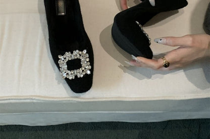 Toe Block Heel Pumps Buckle Square Rhinestone