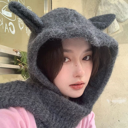 Hooded Plain Scarf Ear Rabbit