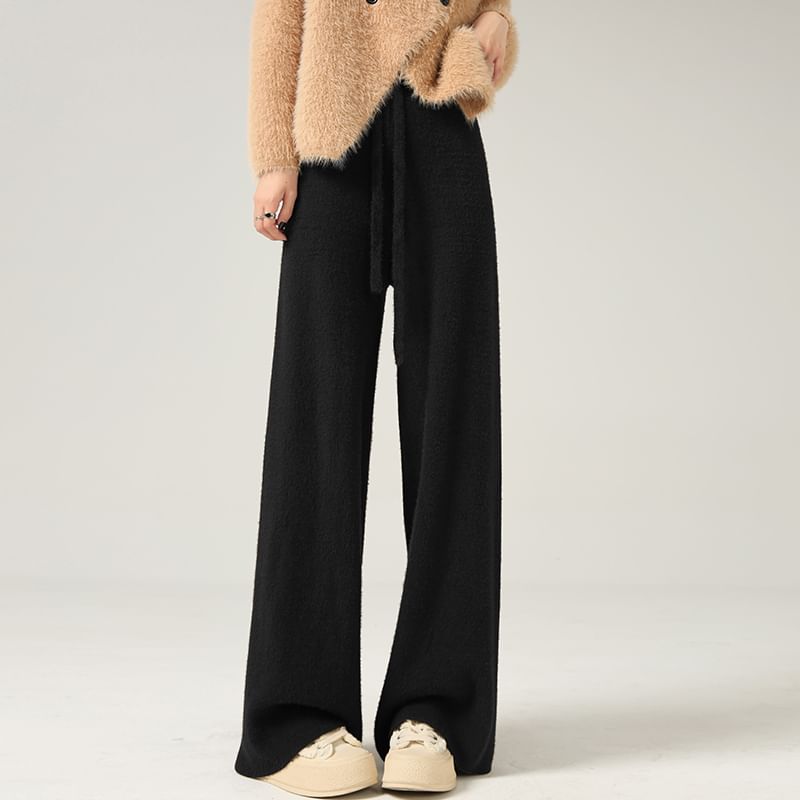 Knit Leg Plain Wide High Waist Pants