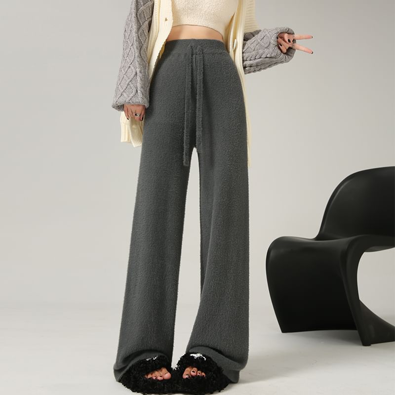 Knit Leg Plain Wide High Waist Pants