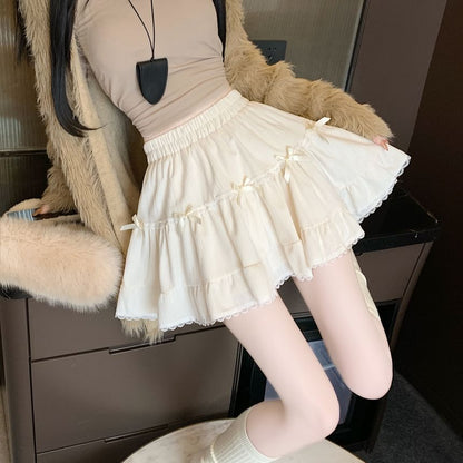 Velvet Accent Skirt Lace Trim Mini Waist Plain High Bow A-Line