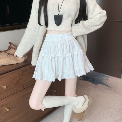 Velvet Accent Skirt Lace Trim Mini Waist Plain High Bow A-Line