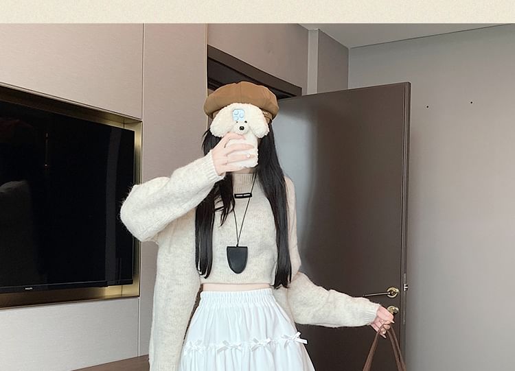 Velvet Accent Skirt Lace Trim Mini Waist Plain High Bow A-Line