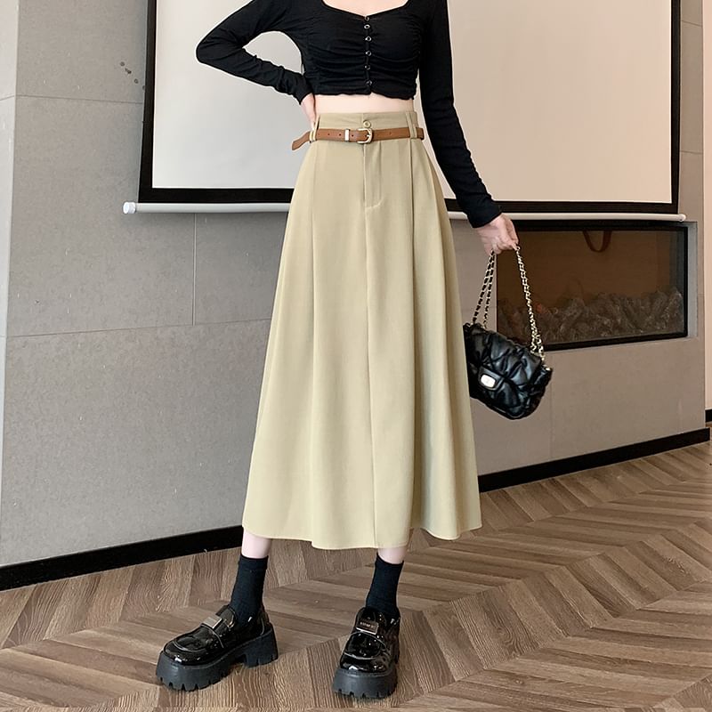 Midi Rise Plain A-Line High + Set: Skirt Belt