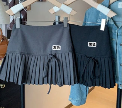 High Mini Skirt Accent Bow A-Line Pleated Plain Waist